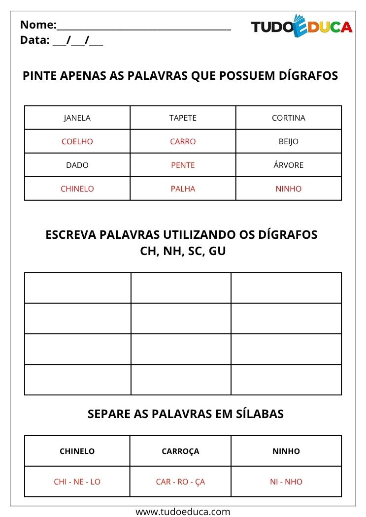 Atividade de Português com Dígrafos pinte os dígrafos gabarito