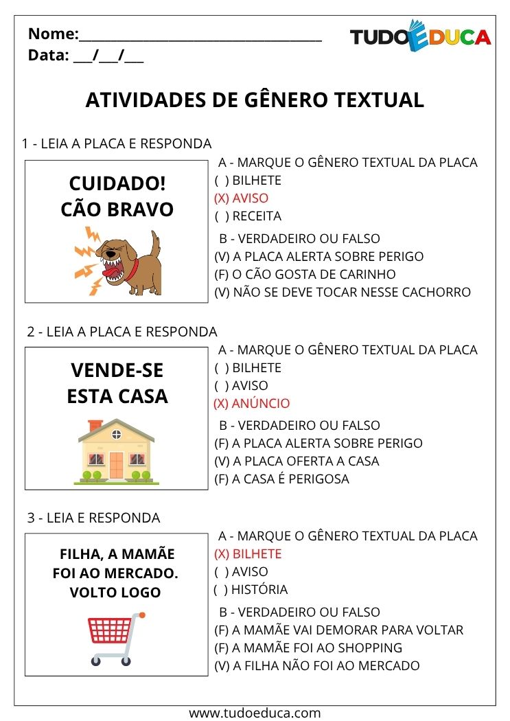 Atividade de Português sobre Gênero Textual leia as placas gabarito