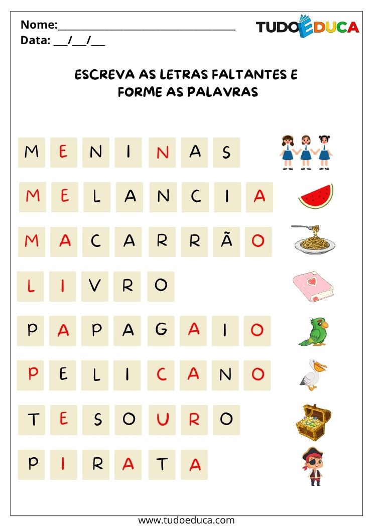 Atividades de Português Formando Palavras escreva as letras faltantes gabarito
