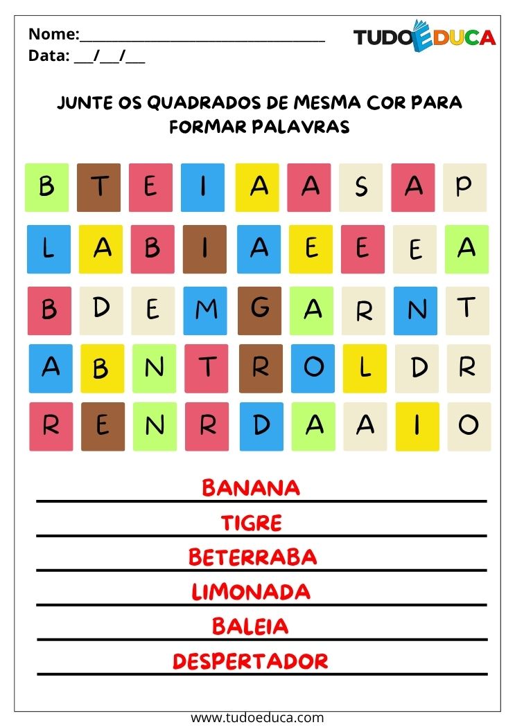 Atividades de Português Formando Palavras junte os quadrados gabarito