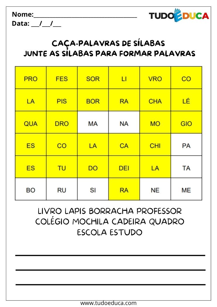 Atividade de Português Formando Palavras caca palavras silabas gabarito