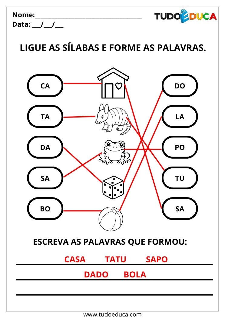 Atividade de Português com Sílabas Simples para Formar Palavras ligue as silabas gabarito