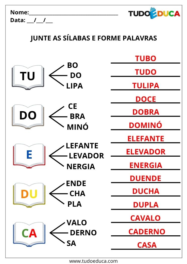 Atividade de Português Juntar Sílabas e Formar Palavras junte as silabas e forme palavras gabarito