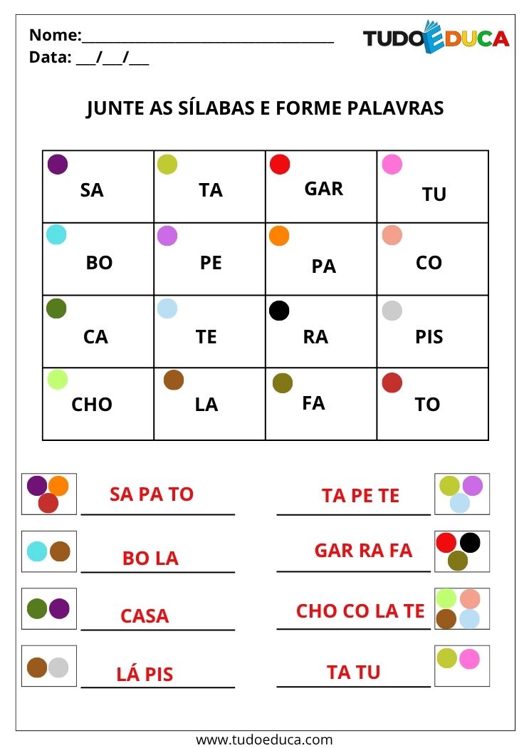 Atividade de Português Juntar Sílabas e Formar Palavras junte as silabas de acordo com as cores gabarito