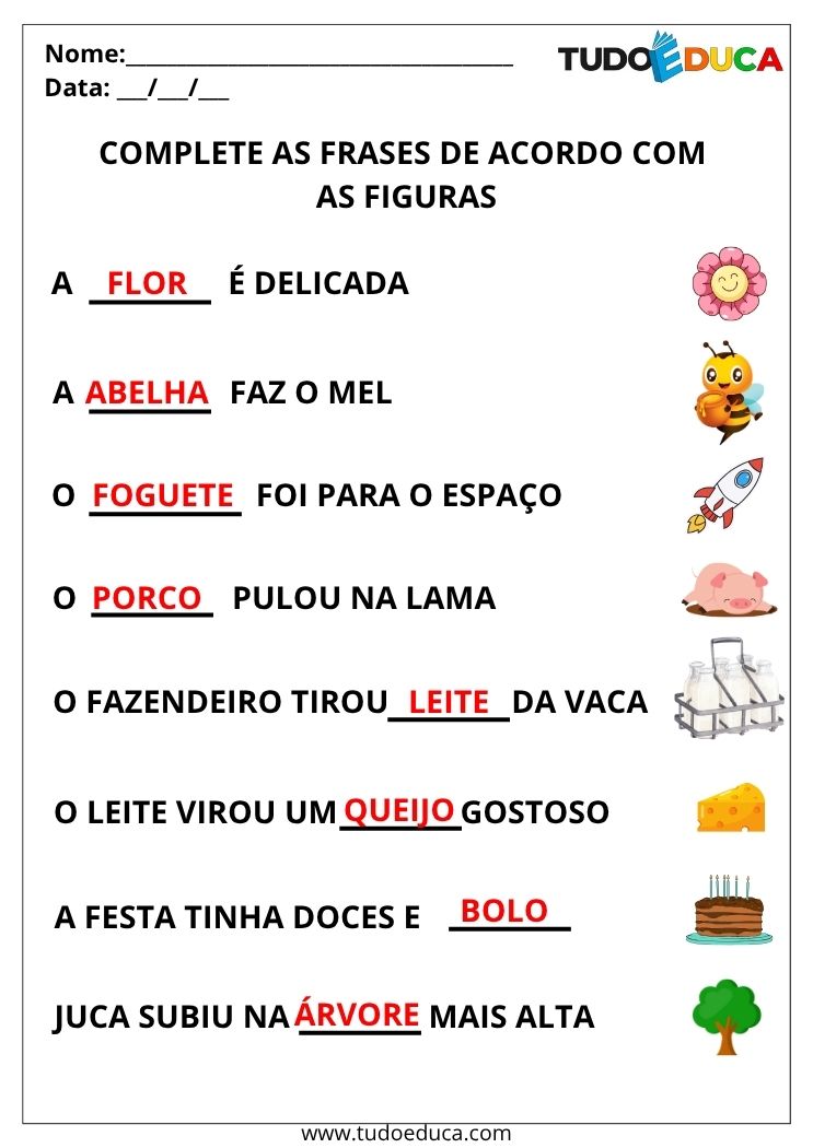 Atividade de completar frases complete de acordo com as figuras gabarito
