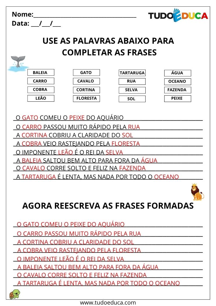 Atividade de completar frases use as palavras e monte as frases gabarito