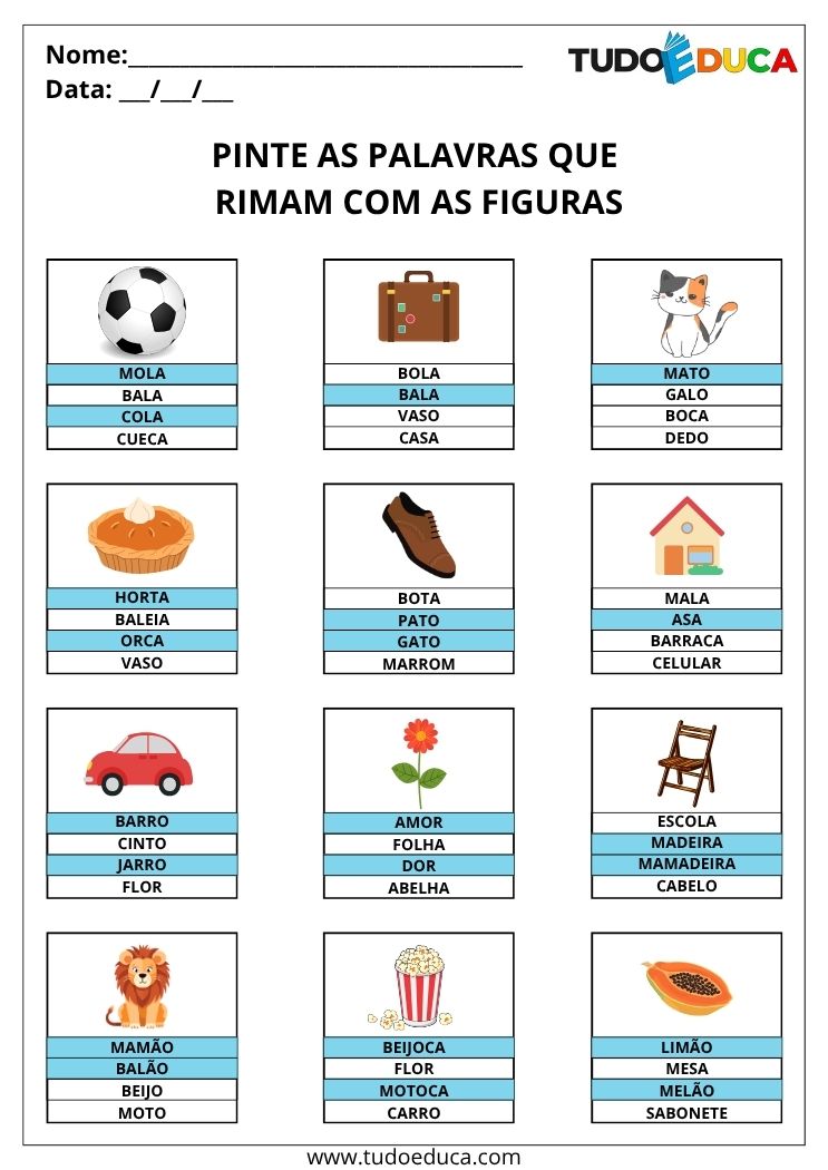 Atividade com Rimas e Sons Finais pinte as palavras que rimam gabarito