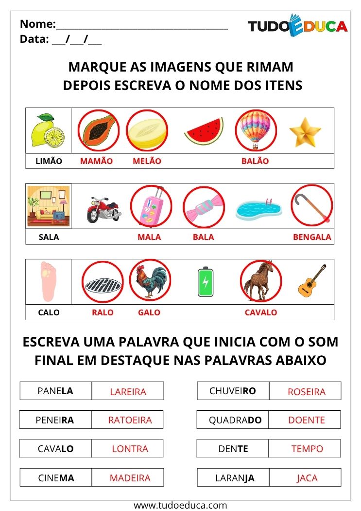 Atividades com Rimas e Sons Finais marque as imagens que rimam gabarito