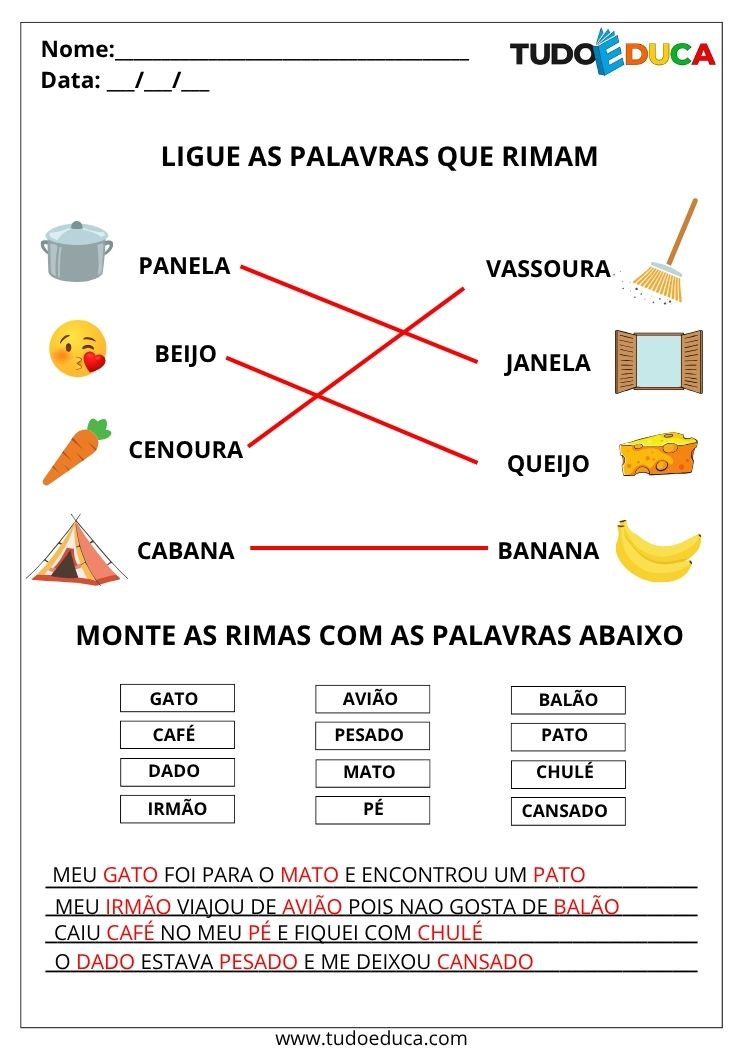 Atividades com Rimas e Sons Finais ligue as palavras que rimam gabarito