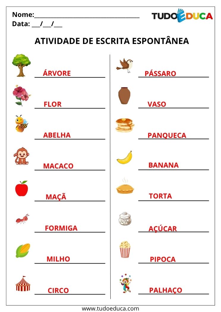 Atividade de escrita espontânea escreva os nomes das imagens gabarito