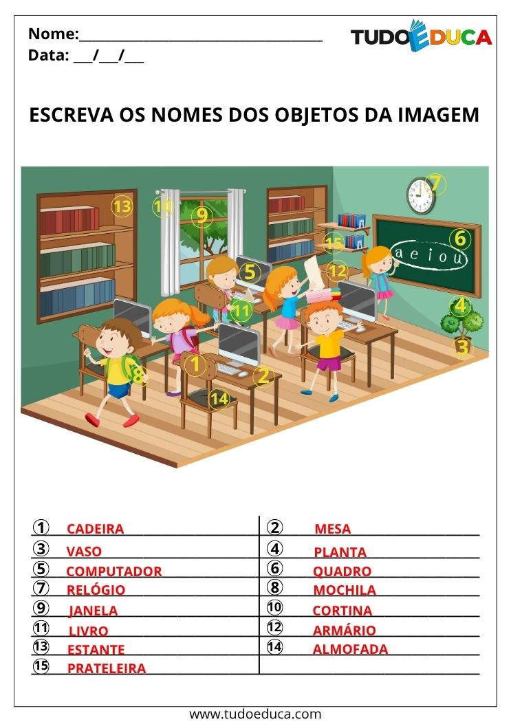 Atividade de escrita espontânea nomeie os objetos da sala gabarito