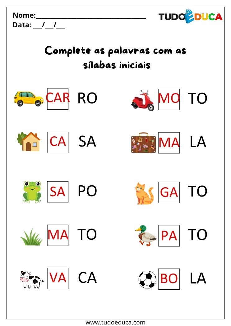 Atividade de Portugues Anos Iniciais complete as silabas gabarito