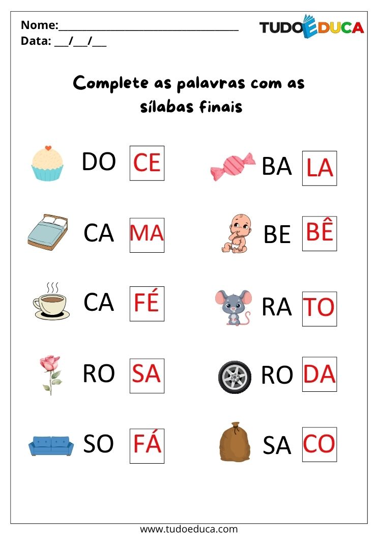 Atividades de Portugues Anos Iniciais coloque as silabas finais gabarito