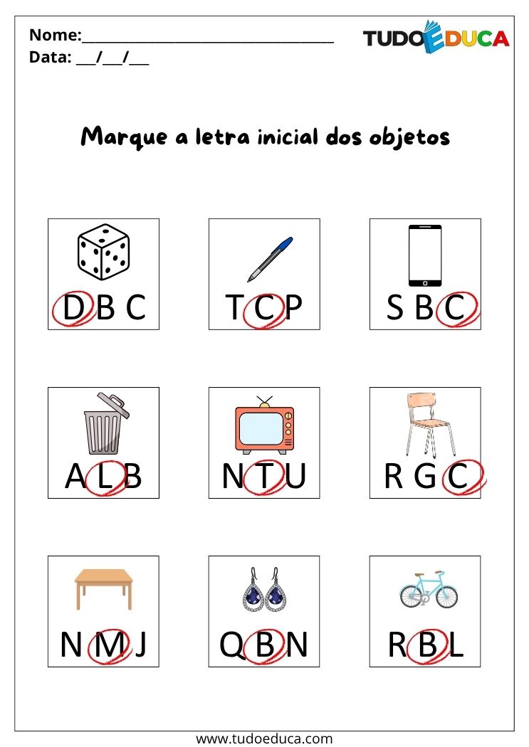 Atividades de Portugues Anos Iniciais marque a letra inicial gabarito