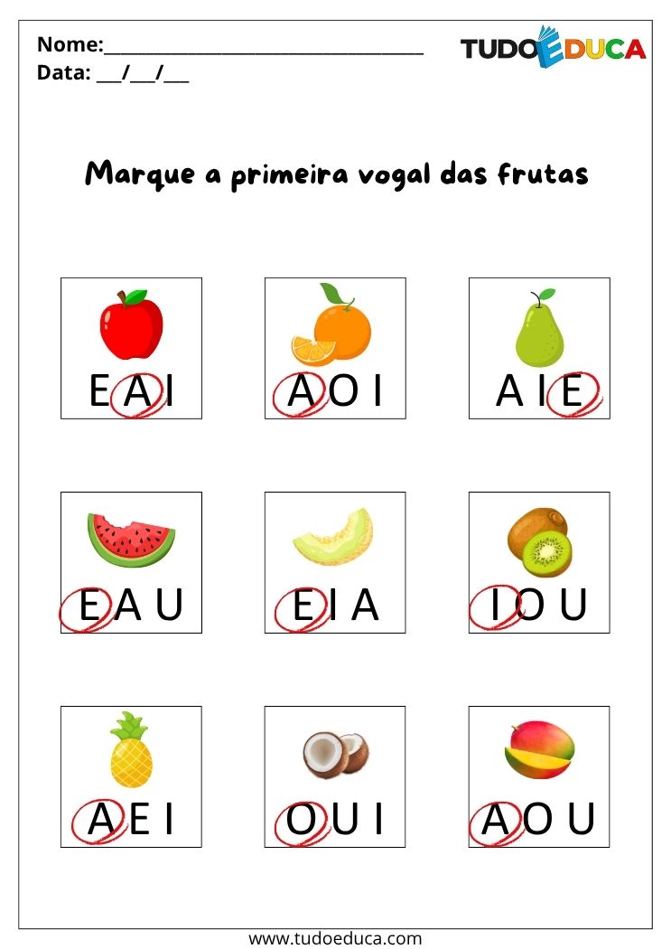 Atividades de Portugues Anos Iniciais marque a letra das frutas gabarito