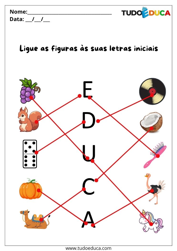 Atividades de Portugues Anos Iniciais ligue as figuras as letras gabarito