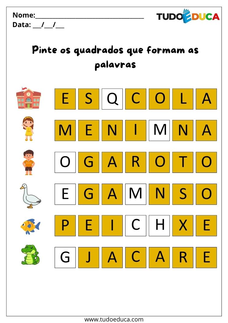 Atividades de Portugues Anos Iniciais pinte os quadrados certos gabarito