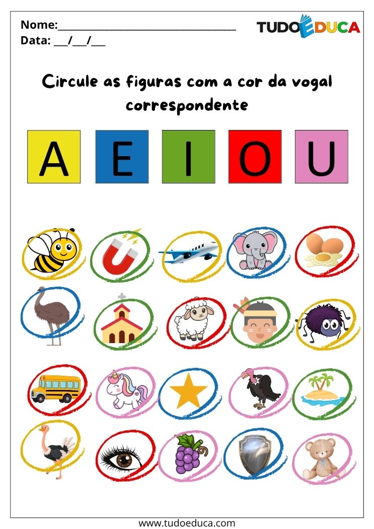 Atividades de Portugues Anos Iniciais circule com a cor correta gabarito