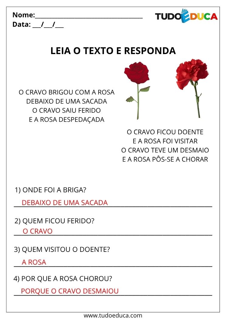 Atividade de Portugues Interpretacao de Texto cravo e rosa gabarito