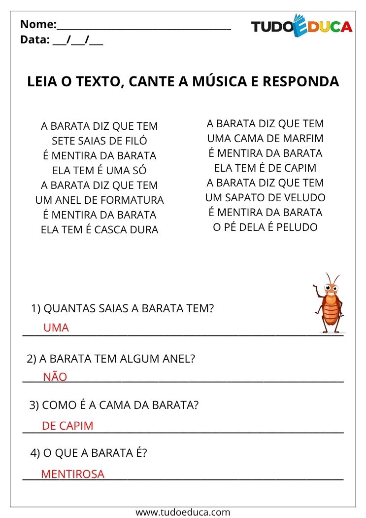 Atividade de Portugues Interpretacao de Texto a barata diz gabarito