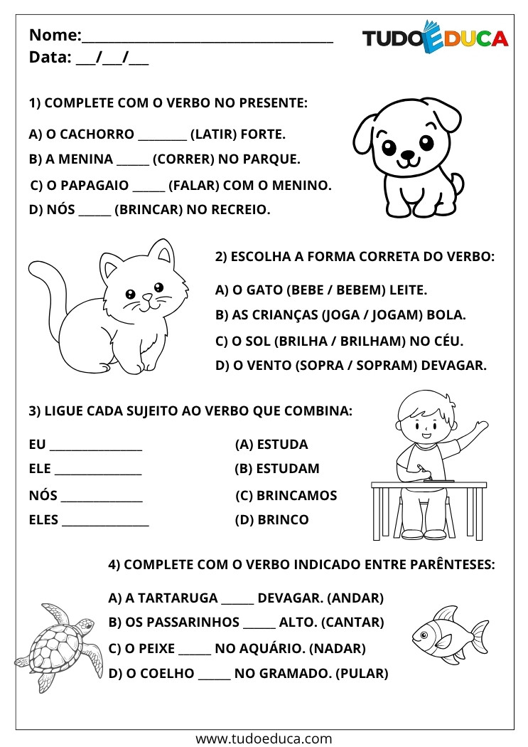 Atividade com Verbos no Presente complete com os verbos