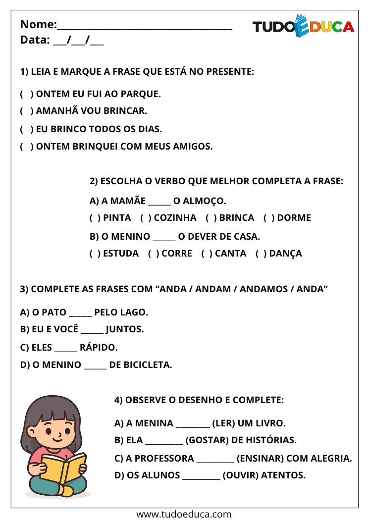 Atividade com Verbos no Presente leia e marque