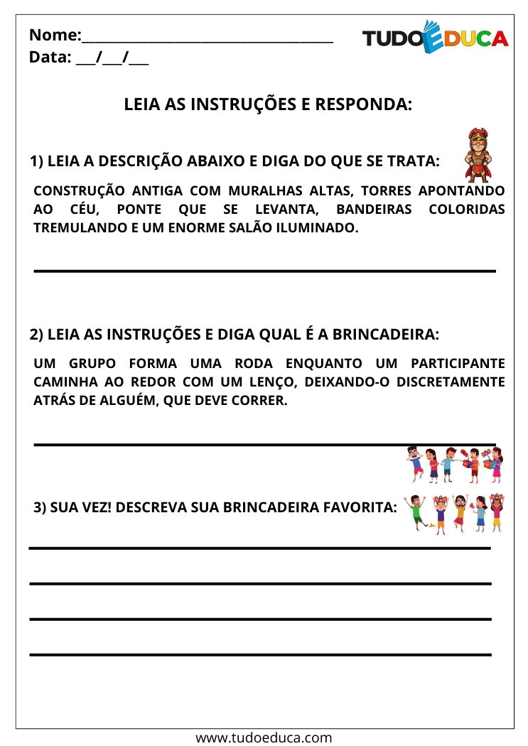 Atividade com instruções simples 2 ano leia e responda