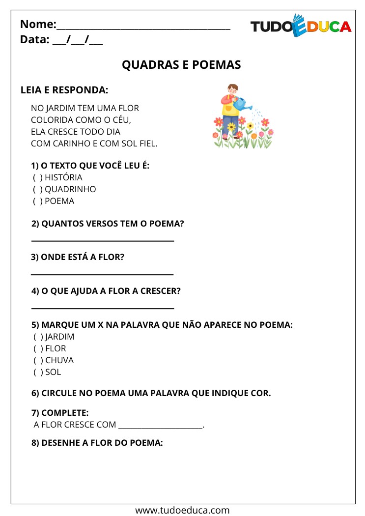 Atividade com quadras e poemas marque as respostas