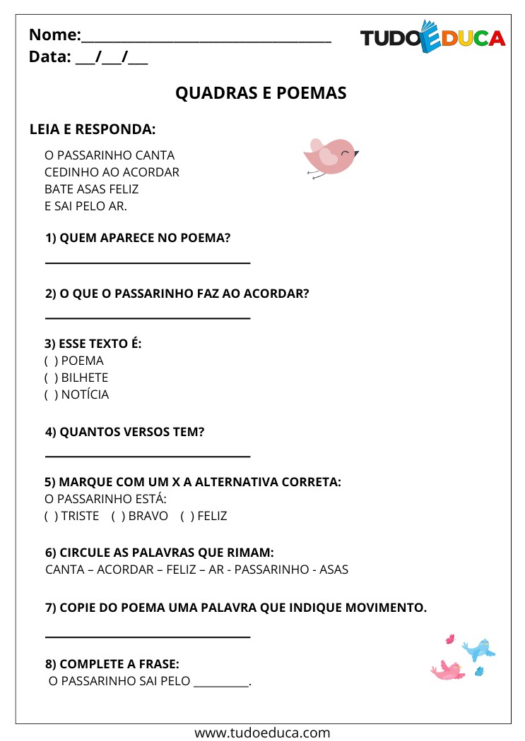 Atividade com quadras e poemas responda as perguntas