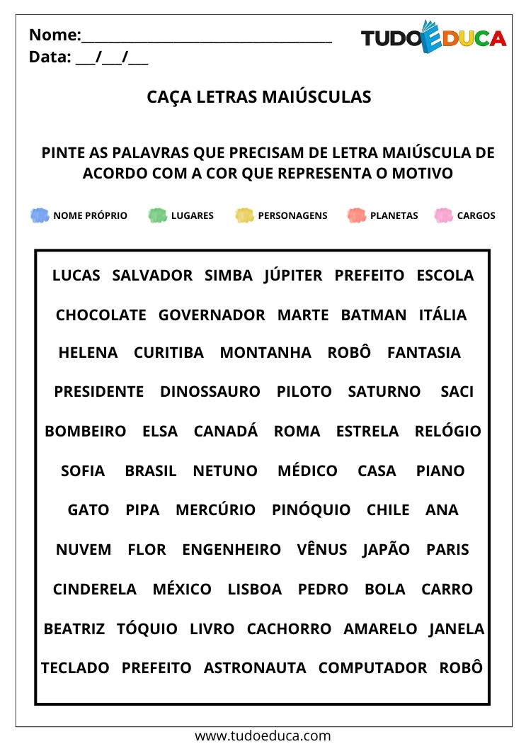 Atividade com uso de maiúsculas caça maiusculas