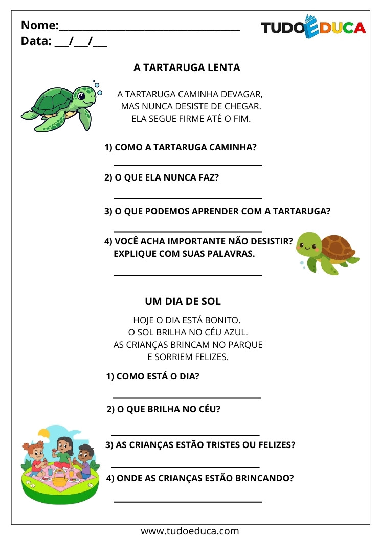 Atividades de Português Interpretação de Texto historia tartaruga