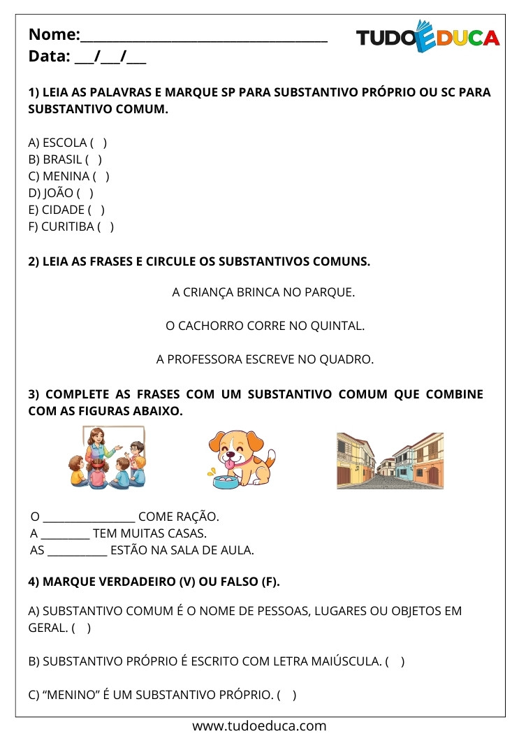 Atividade de Português Substantivos Próprios e Comuns leia e marque