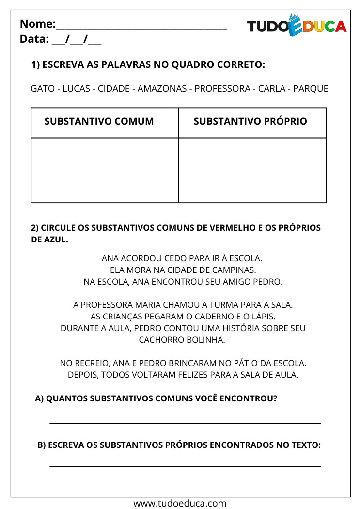 Atividade de Português Substantivos Próprios e Comuns leia e responda