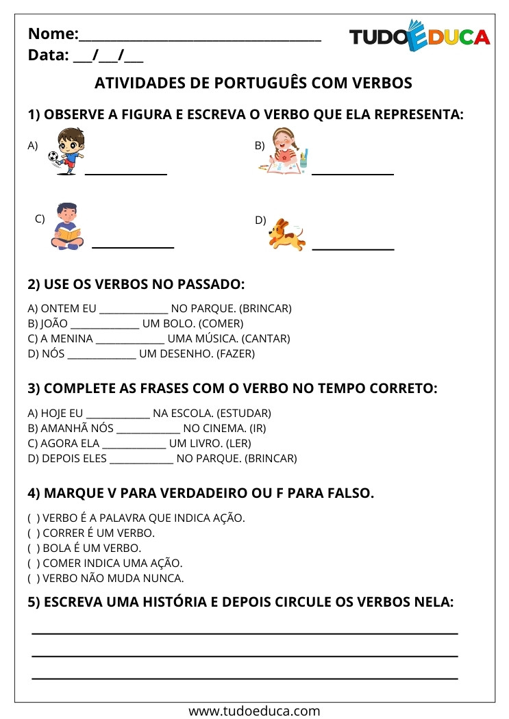 Atividade de Português com Verbos escreva os verbos