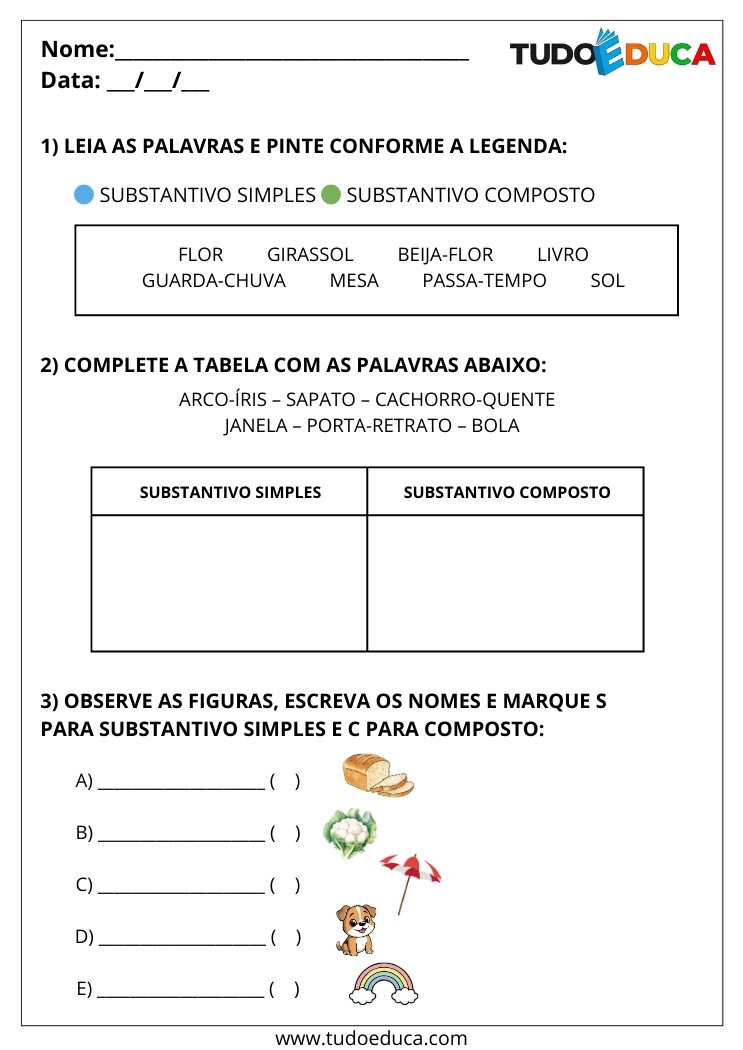Atividade de Português substantivos simples e compostos pinte as palavras