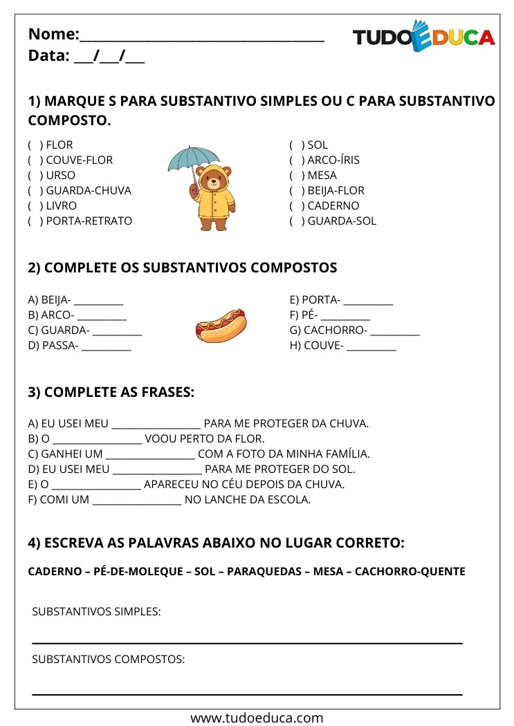 Atividade de Português substantivos simples e compostos relacione os substantivos