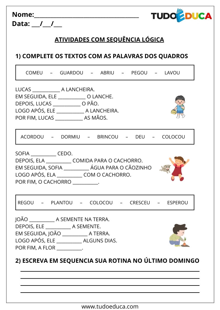 Atividade de português com sequência lógica complete de acordo com o quadro