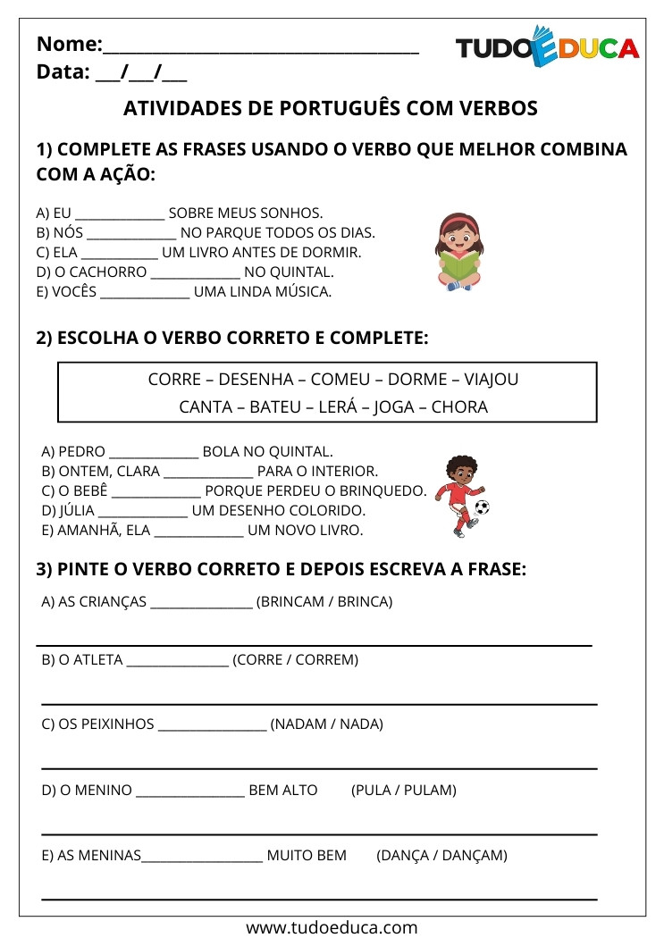 Atividades de Português com Verbos complete as frases