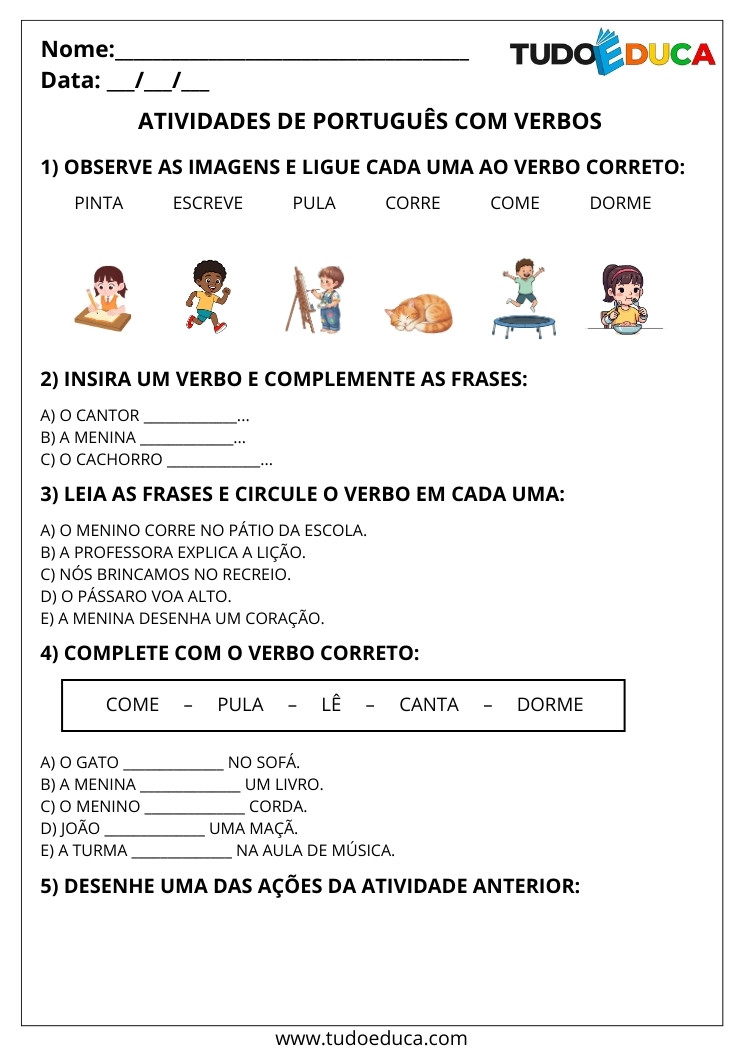 Atividades de Português com Verbos ligue os verbos