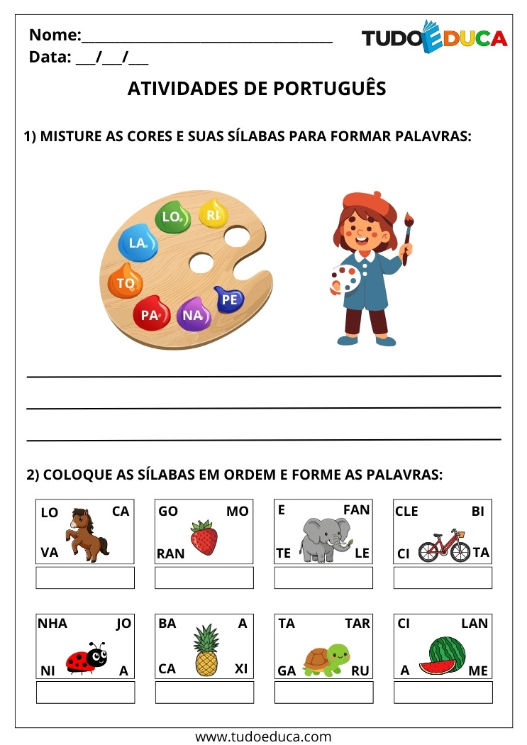 Atividade de Português Formando Palavras misture as cores