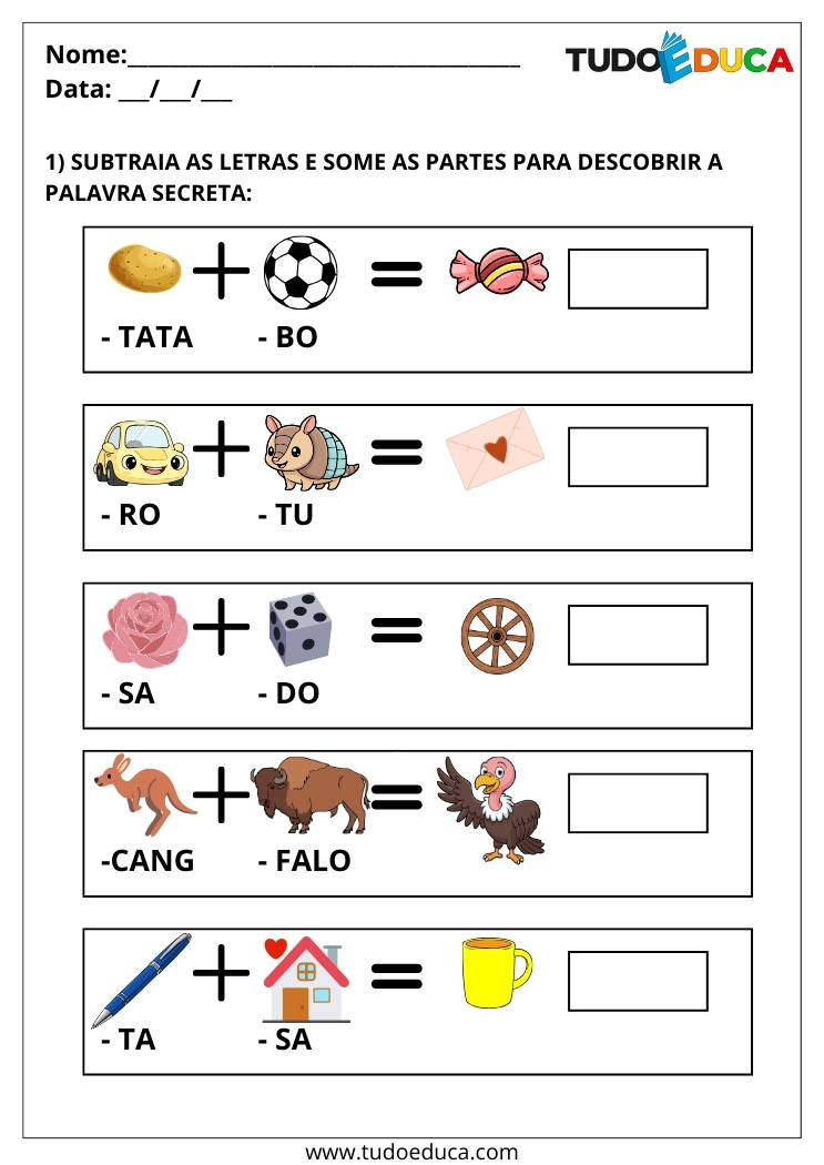 Atividade de Português Juntar Sílabas e Formar Palavras 2 ano subtraia as silabas