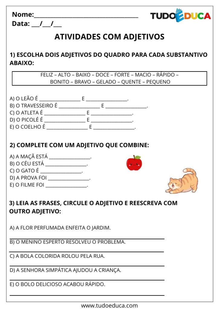 3 Atividades de Português com Adjetivos para 2º ano