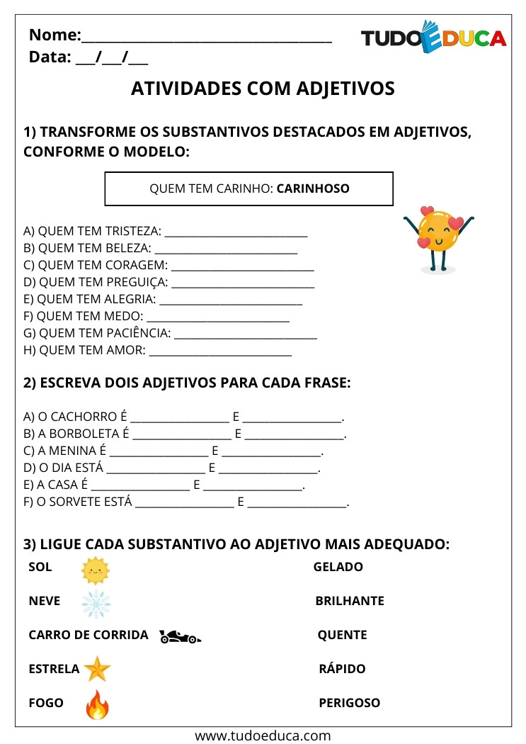 Atividade de Português com Adjetivos escreva os adjetivos