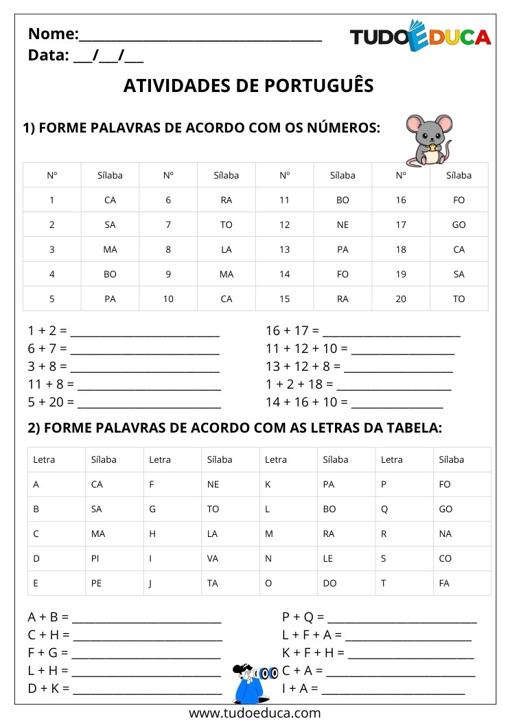 Atividades de Português Formando Palavras forme palavras com as sílabas
