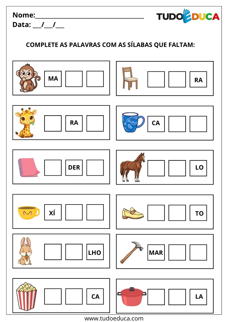 Atividades de Português Juntar Sílabas e Formar Palavras 2 ano complete as silabas