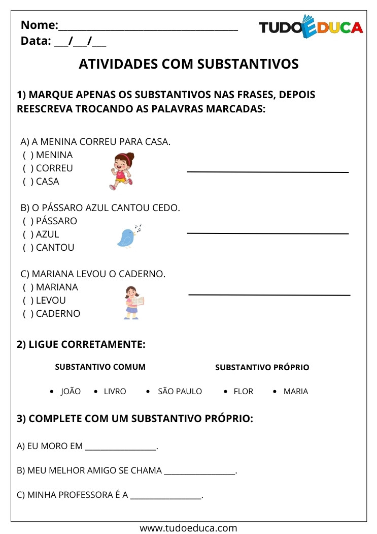 Atividades de Português Substantivos marque os substantivos