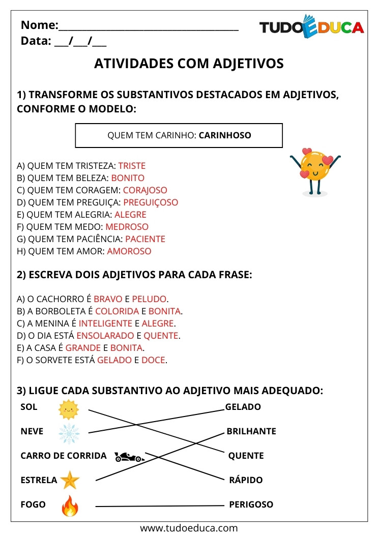 Atividade Português 2 ano adjetivos