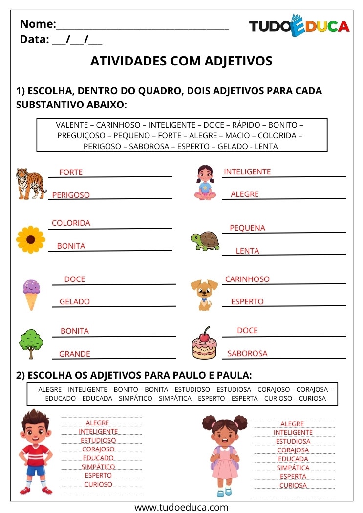 Atividade Português 2 ano com adjetivo