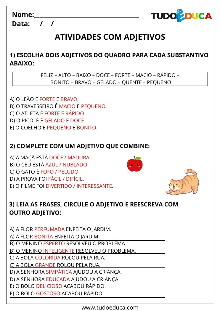 Atividade Português 2 ano com adjetivos