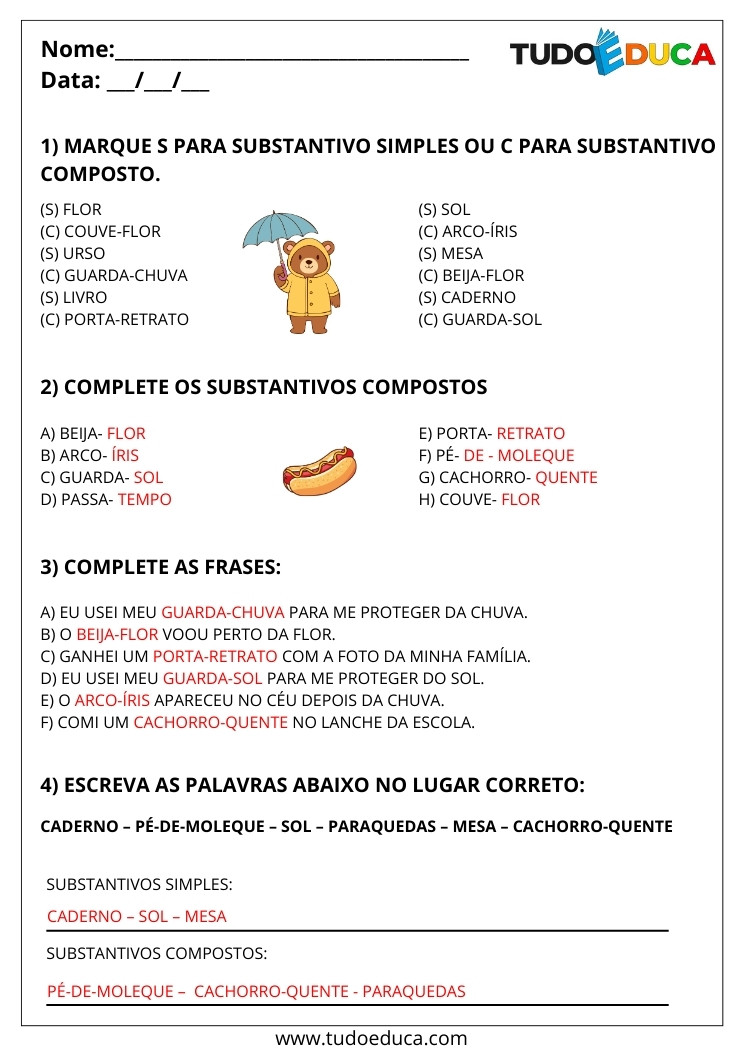 Atividade Português 2 ano com substantivos simples